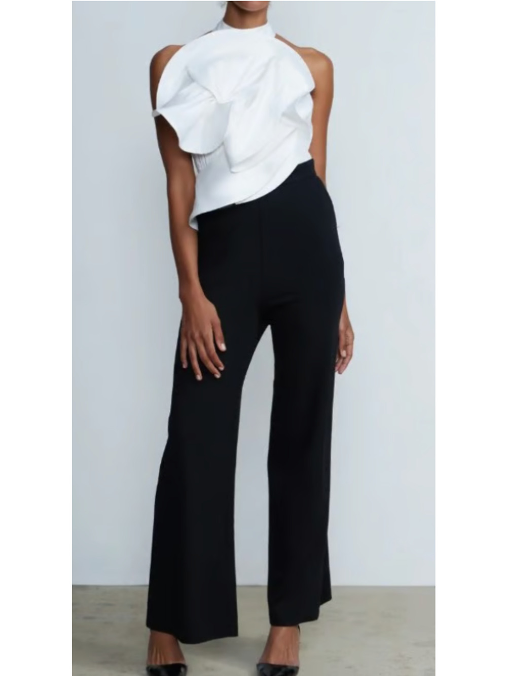 New York & Company White & Black Halter Ruffle Jumpsuit